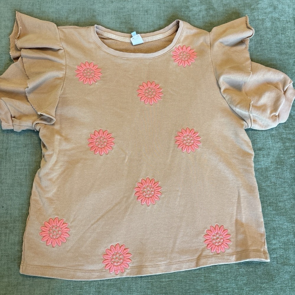 Ivy Jane Anthropologie Embroidered Floral Boho Ruffle Sleeve Top Yellow Sz XS‎